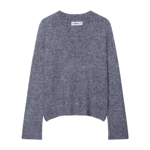 Classic grey V-neck knit sweater with long sleeves and soft fuzzy texture on white background
