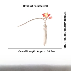 Glow-in-the-dark lotus hair pin with tassel detail and size specifications in cm