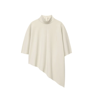 Elegant off-white asymmetrical high-neck top with three-quarter sleeves and zip back