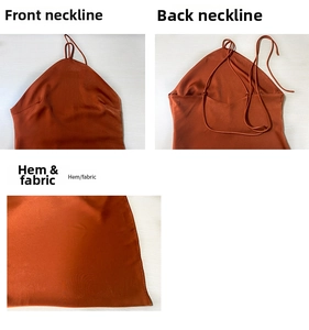 Detailed views of burnt orange backless dress featuring halter neck and silky fabric