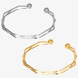 304 stainless steel geometric twisted bangle with ball ends in gold and silver finish