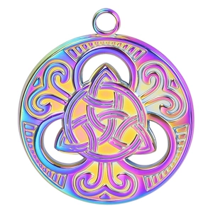 Detailed macro view of a circular Celtic knot pendant with vibrant rainbow gradient plating