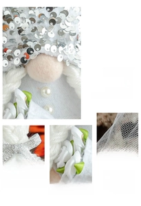 Detailed view of silver sequin hat and white braided pigtails on a Nordic wedding gnome