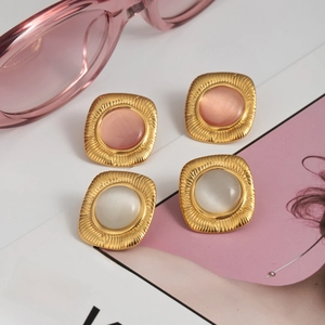 Square Stud Earrings Stainless Steel With Pink White Cat's Eye Stone Gold Plated Ribbed Geometric Vintage Jewelry For Women
