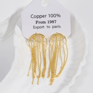 Macro detail of 18K gold-plated tassel earrings on a decorative shell plate
