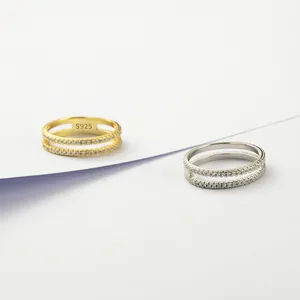 Elegant S925 sterling silver double-layered pave eternity rings in gold and silver finish