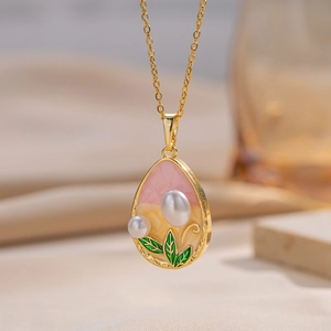 French vintage Monet garden necklace with pearls and floral enamel pendant