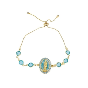 18K gold plated Virgin Mary adjustable bolo bracelet with blue cubic zirconia gems