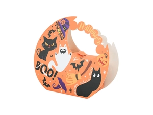 Close-up of orange Halloween paper candy box with handle showing moon and Boo text