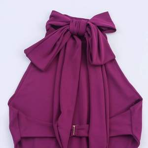 Détail de la robe prune avec un grand nœud décoratif et une boucle en métal doré