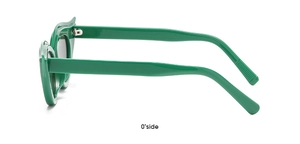 Side view of green cat eye sunglasses with sharp corners in a trendy hip-hop style