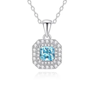 925 Sterling Silver Necklace With Square Sea Blue Zircon Pendant Double Halo Fashion Clavicle Chain For Women Elegant