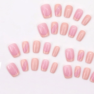 Pink and nude french style short square round press-on nails with shiny glossy finish