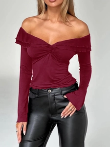 Off-The-Shoulder Top Long Sleeve Ruffle Trim Twist Knot Front Slim Fit Viscose Elastane Y2K Sexy Style For Women