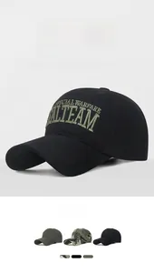 Detailed view of ALTEAM 3D embroidery on military-style cotton baseball cap and camo options