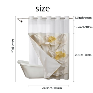 White shower curtain with 3D yellow floral prints and metal rings, size 180x188cm dimensions