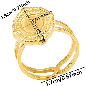 Macro detail of adjustable gold steel ring with textured edges and circular top dimensions