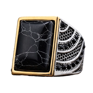 Men's retro stainless steel ring with black rectangular stone and gold accents