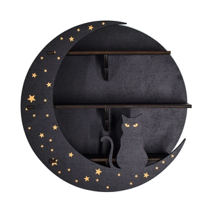 Round wooden moon shelf with black cat silhouette and starry cutout details for wall decor