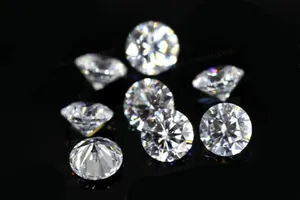 Macro view of D color round brilliant cut moissanite stones with sparkling fire