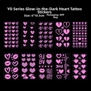 Set mit 10 pinkfarbenen, leuchtenden Herz- und Lippen-Tattoo-Aufklebern für Partys