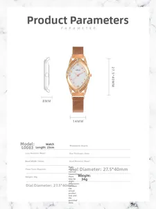 Detailed view of rose gold rhombus watch with quartz movement and magnetic mesh strap