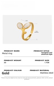 Detailed size specifications for gold stainless steel leaf ring with white enamel inlay