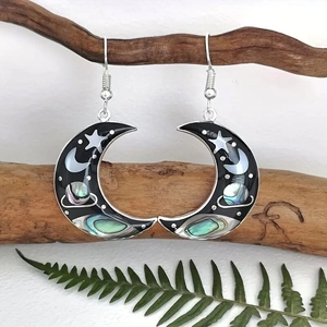 Bohemian crescent moon drop earrings with silver metal, black enamel and shell inlay