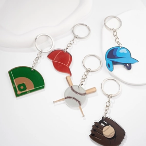 Set of 5 acrylic baseball keychains including glove, bat, ball, and colored hats