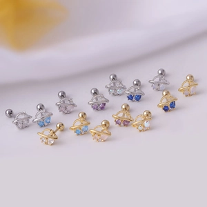 Titanium steel planet ear studs with colorful zircon stones in gold and silver finish