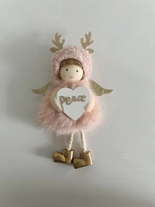 Pink plush angel doll with golden antlers and a heart-shaped sign with peace text