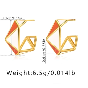 Detail view of 18K gold plated C-shape enamel earrings with size and weight metrics