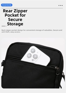 Detail of the back anti-theft zipper pocket holding a smartphone for storage reference