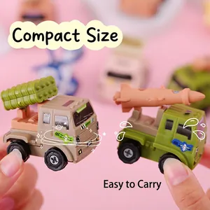 Mini plastic army toy vehicles including rocket and missile launchers in hand