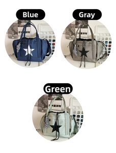 Detailed view of the drawstring waterproof tote bag in blue, grey, and green colors