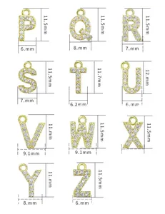 Detailed size chart for gold-plated alphabet pendants P-Z featuring cubic zirconia inlay