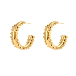 Bohemian style 18K gold plated stainless steel C-hoop earrings with double row bead accents
