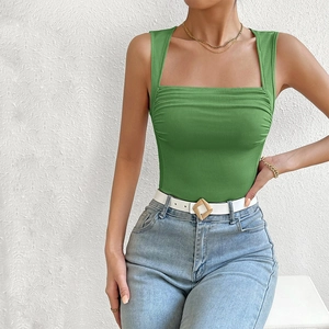 Slim fit grass green ribbed knit square neck sleeveless tank top for women