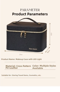Detailed parameter view of the black LED mirror makeup case with dimensions 23x15x17cm