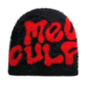 Fuzzy knit beanie with red MEU GULF text and black plush faux mink texture