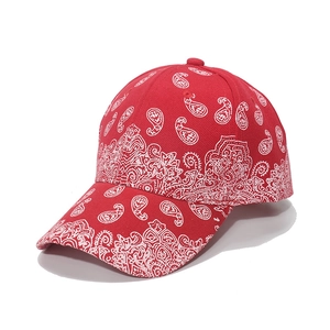 Close-up of red paisley print baseball cap with white cashew flower patterns and stitching
