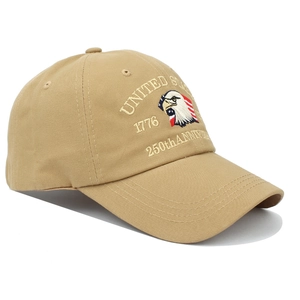 Detailed multi-color embroidery of eagle and US flag on khaki cotton baseball cap