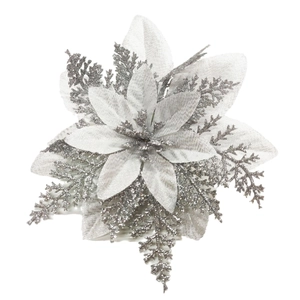 Sparkling silver artificial Christmas flower with glitter and mesh petals for tree decoration