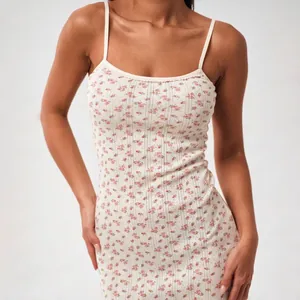 Floral print camisole mini dress with lace trim and slim fit in cream white