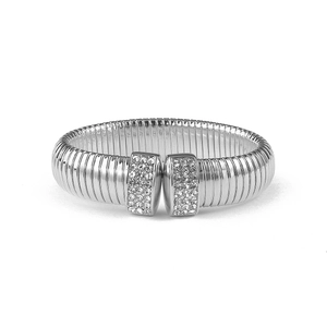 Detail of silver tubogas cuff bracelet featuring pave-set crystal rectangular ends
