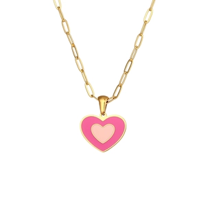 Detailed close-up of double-layered pink heart pendants on a gold plated link chain