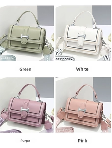 Detail view of four colorful minimalist square crossbody bags with wide patterned straps