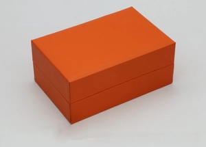 Rectangle orange PU leather jewelry gift box featuring a clamshell lid design