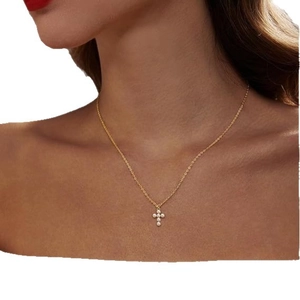 Elegant 6mm pearl cross pendant necklace for women with gold chain worn on neck