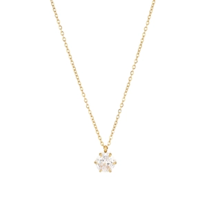 Elegant gold necklace with a brilliant round cut zircon pendant in six-prong setting